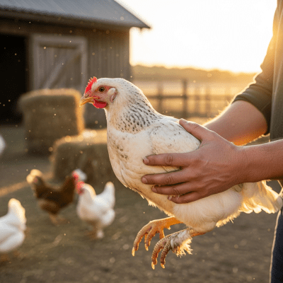 Photograph of a Cornish from the chicken taxonomy interacting with humans in a typical farm setting