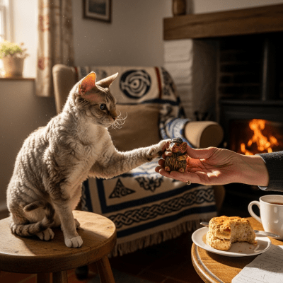 Image of a Cornish Rex interacting with humans or participating in cultural activities