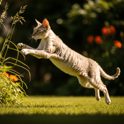 Action shot of a Cornish Rex