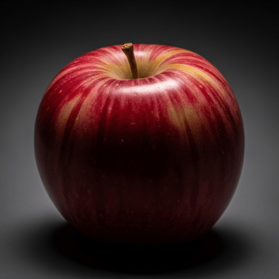 Editorial-style image of a single Cortland from the taxonomy apples, dramatically lit against a dark gradient background to highlight color and texture.