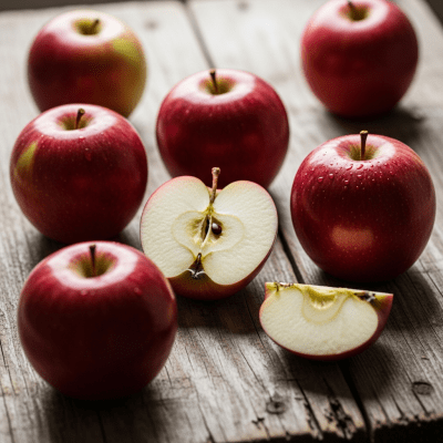 A simple arrangement showing several whole and one cut-open Cortland, displayed on a wooden surface
