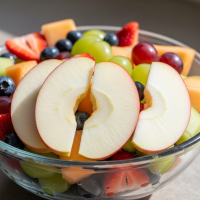 A photograph of a freshly sliced Cortland of the taxonomy apples, presented as part of a fruit salad in a clear bowl