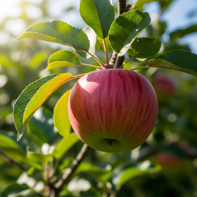 A naturalistic photograph of a Cortland, hanging on its tree branch with leaves visible