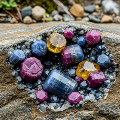 Naturalistic scene featuring Corundum in its typical geological environment, as categorized by minerals