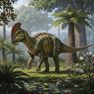 Realistic depiction of a Corythosaurus in its prehistoric natural environment