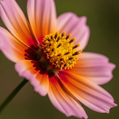 Detailed macro image of a Cosmos (flowers), focusing on the intricate structure of petals, stamens, and pistil
