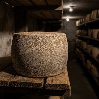 A whole wheel or block of Cotija, shown in an artisanal cellar or aging environment typical for this cheese