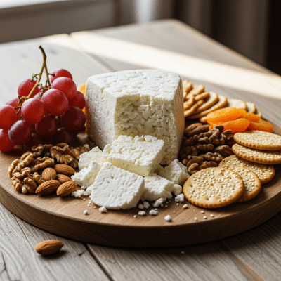 A serving of Cotija arranged as part of a traditional cheese platter with fruits, nuts, and crackers