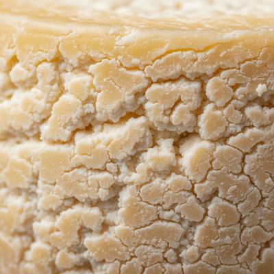 A close-up macro photograph of the rind and surface texture of a Cotija