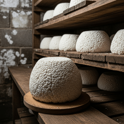A whole wheel or block of Cottage Cheese, shown in an artisanal cellar or aging environment typical for this cheese