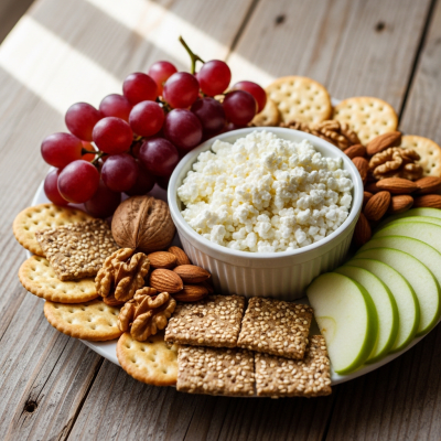 A serving of Cottage Cheese arranged as part of a traditional cheese platter with fruits, nuts, and crackers