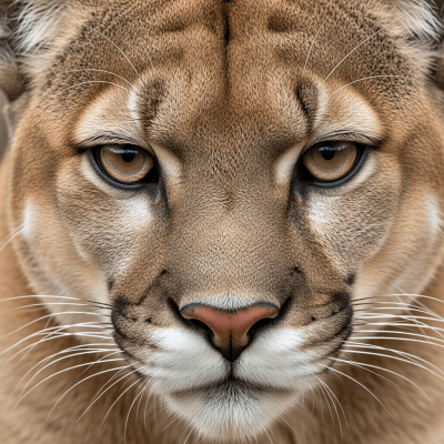 Close-up macro photograph focusing on the facial features and fur texture of a Cougar