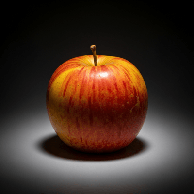 Editorial-style image of a single Cox's Orange Pippin from the taxonomy apples, dramatically lit against a dark gradient background to highlight color and texture.