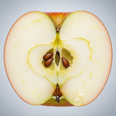 A close-up image showing a cross-section of a Cox's Orange Pippin of the taxonomy apples, sliced cleanly in half to reveal internal structure, seeds, and flesh