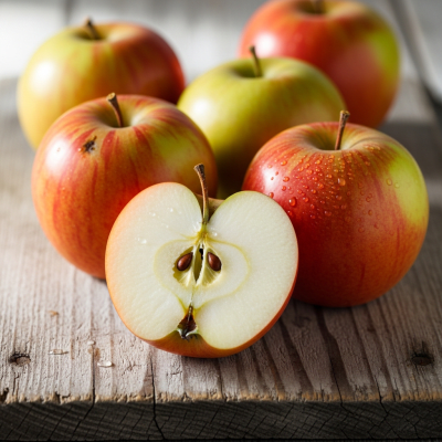 A simple arrangement showing several whole and one cut-open Cox's Orange Pippin, displayed on a wooden surface
