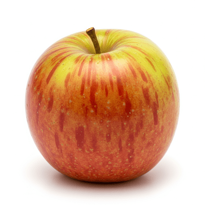High quality studio photograph of a single Cox's Orange Pippin