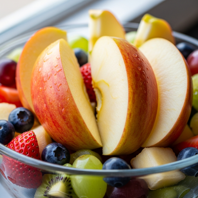 A photograph of a freshly sliced Cox's Orange Pippin of the taxonomy apples, presented as part of a fruit salad in a clear bowl