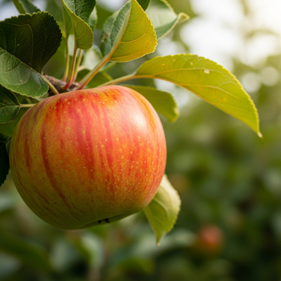 A naturalistic photograph of a Cox's Orange Pippin, hanging on its tree branch with leaves visible