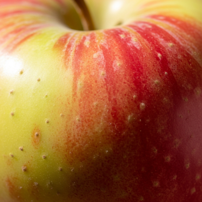 A detailed macro shot focusing on the skin texture and color variation of a Cox's Orange Pippin