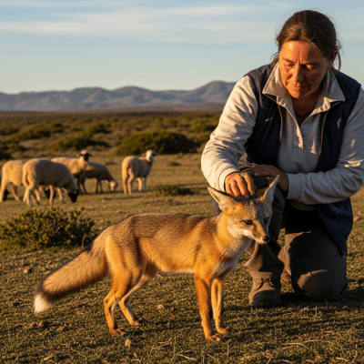Image of a Crab-eating Fox interacting with humans in a cultural or practical context
