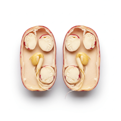 A cross-sectional view of a single Cranberry Bean (beans), sliced cleanly to reveal its internal structure and composition