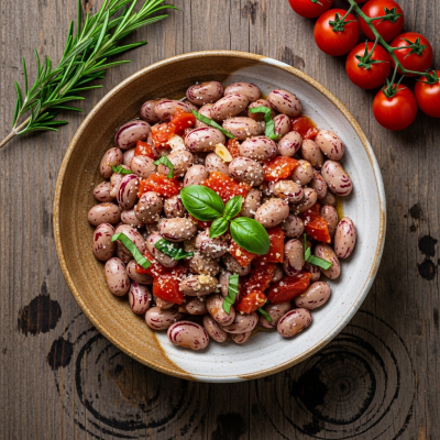 Image of cooked Cranberry Bean (beans) presented as part of a traditional dish or cuisine, plated attractively and photographed from above