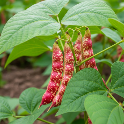 An image of Cranberry Bean, belonging to the taxonomy beans, displayed in its natural environment—such as growing on a plant or vine, surrounded by leaves and soil