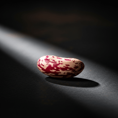 Editorial-style photograph of Cranberry Bean, part of the taxonomy beans, arranged aesthetically on a dark background with dramatic lighting to highlight its shape and color.