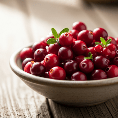 A high resolution image of several fresh Cranberrys arranged in a simple bowl, representing their use within the taxonomy berries