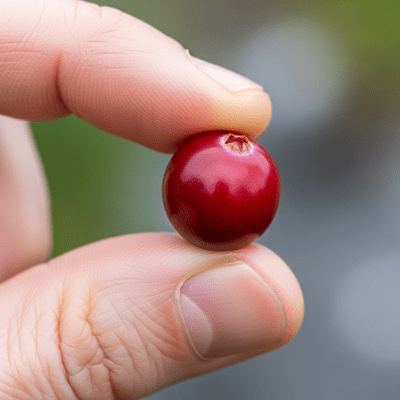 A factual photograph of a hand holding a ripe Cranberry, illustrating its size and appearance for the taxonomy berries