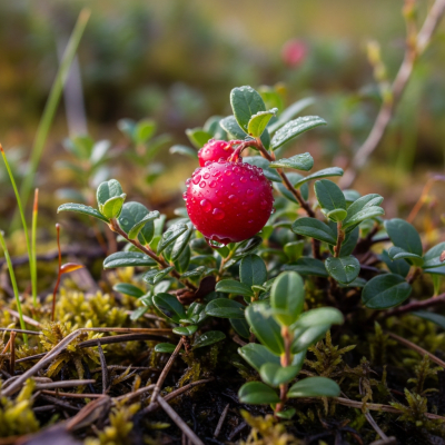 A naturalistic photograph of a Cranberry growing on its plant in its typical environment, representing the taxonomy berries