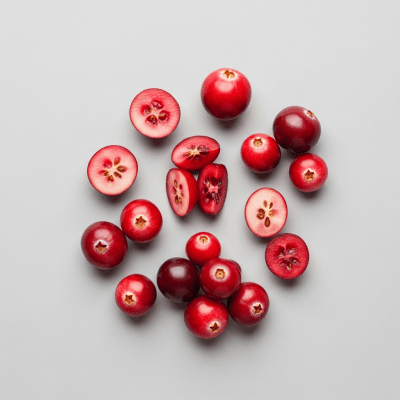 An overhead view photograph of several pieces of the Cranberry, from the fruits taxonomy, arranged aesthetically on a plain background