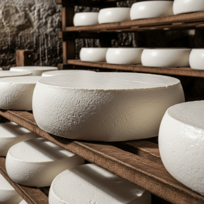 A whole wheel or block of Cream Cheese, shown in an artisanal cellar or aging environment typical for this cheese