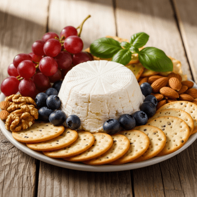 A serving of Cream Cheese arranged as part of a traditional cheese platter with fruits, nuts, and crackers