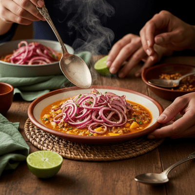 A cultural representation of a Creole onion (onions) featured in a traditional dish or meal setting