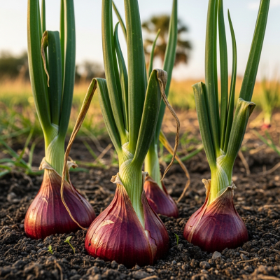 A photograph of a Creole onion (onions) in its natural environment or growing in soil