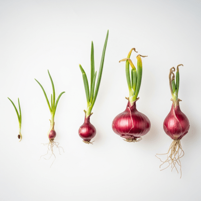 An image showing multiple stages of growth for a single type of Creole onion (onions), from seedling to mature bulb