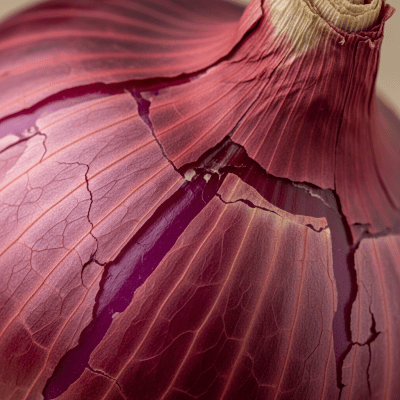 A macro photograph highlighting the surface texture and skin details of a Creole onion