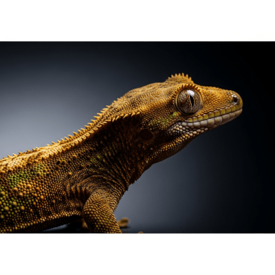 Editorial-style hero shot of a Crested Gecko (lizards), captured in dramatic lighting against a dark gradient background.