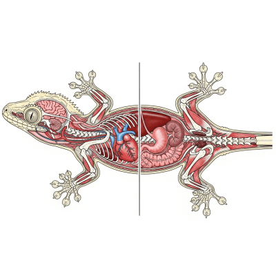 Scientific cross-sectional illustration of a Crested Gecko