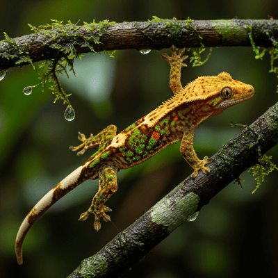A dynamic action shot of a Crested Gecko, part of the taxonomy reptiles, in motion such as climbing, swimming, basking, or hunting in its environment