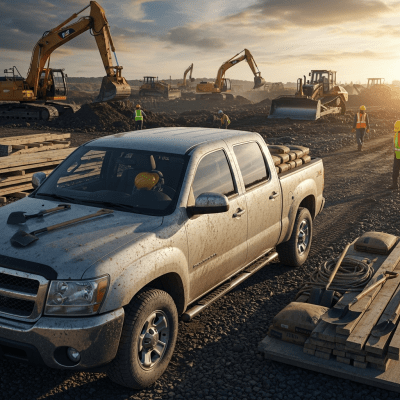 Photorealistic image of a Crew Cab Pickup Truck (trucks) in its typical working environment