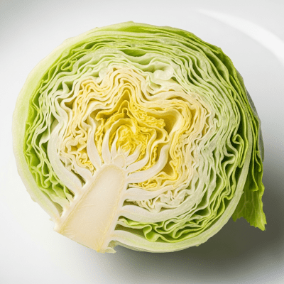 Detailed close-up image of a freshly cut cross-section of Crisphead Lettuce, of the taxonomy lettuce