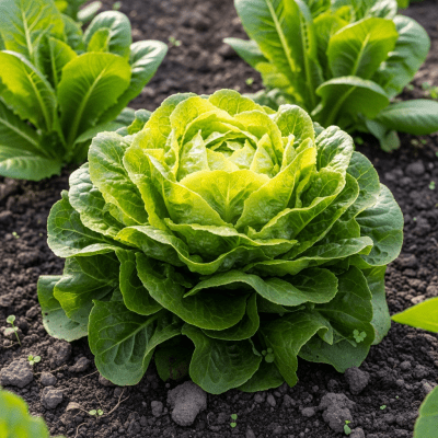 Naturalistic photograph of Crisphead Lettuce growing in a field or garden, representing its environment as part of the taxonomy lettuce