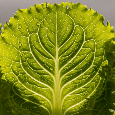 Macro shot capturing the texture and surface details of a leaf from Crisphead Lettuce, within taxonomy lettuce
