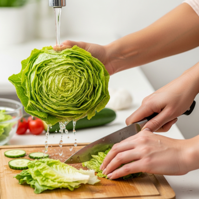 Photograph of a diverse pair of hands preparing or serving Crisphead Lettuce in a kitchen setting