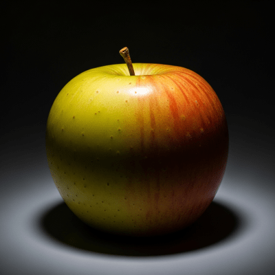 Editorial-style image of a single Crispin from the taxonomy apples, dramatically lit against a dark gradient background to highlight color and texture.