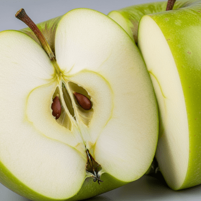 A close-up image showing a cross-section of a Crispin of the taxonomy apples, sliced cleanly in half to reveal internal structure, seeds, and flesh