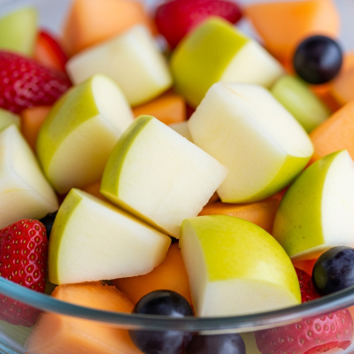 A photograph of a freshly sliced Crispin of the taxonomy apples, presented as part of a fruit salad in a clear bowl