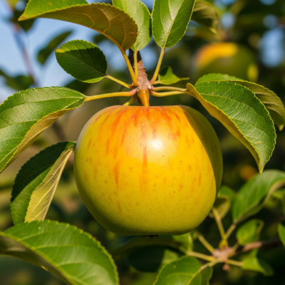 A naturalistic photograph of a Crispin, hanging on its tree branch with leaves visible